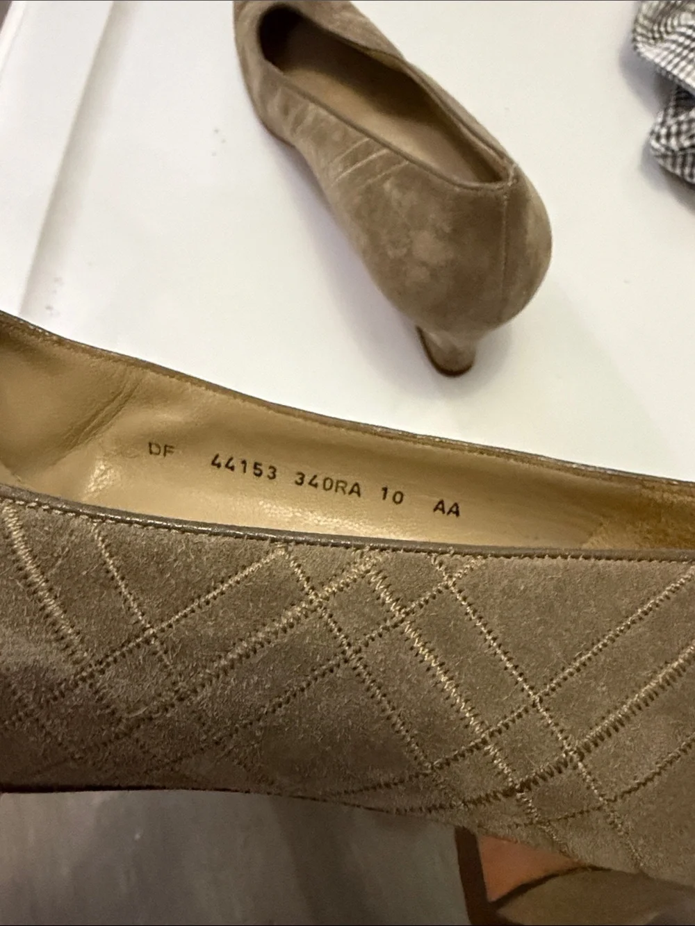 Salvatore Ferragamo Taupe Suede Quilted Pointed Square Heels Size 10AA Vintage